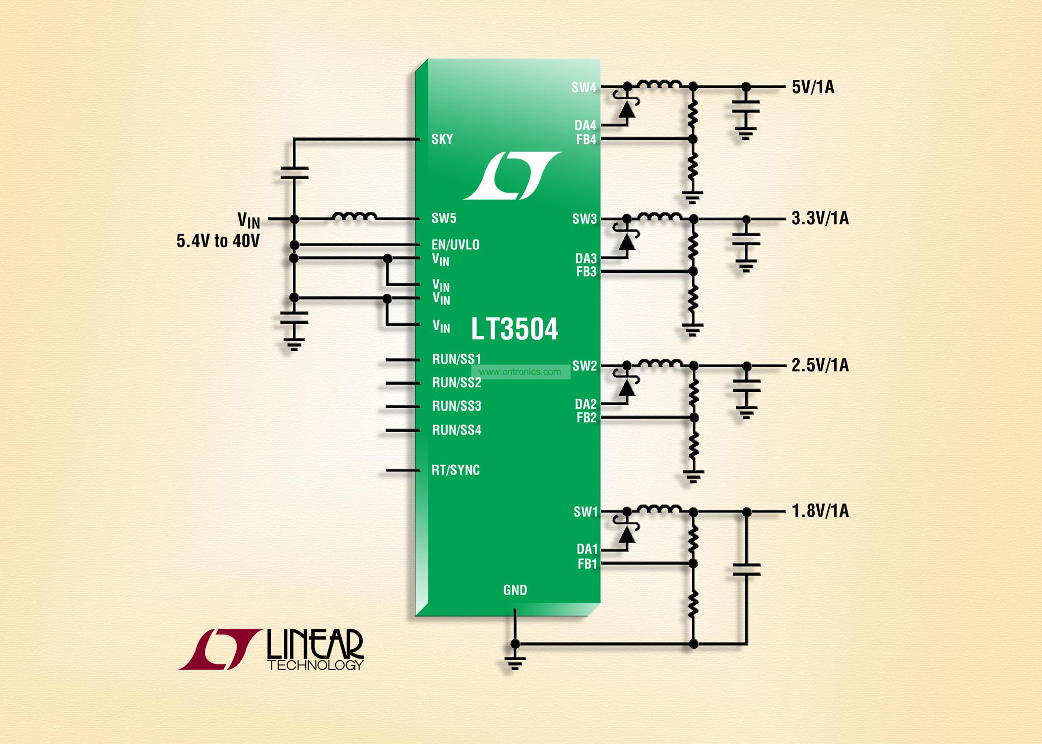 40V、4 通道 1A (IOUT)、2.2MHz 降壓型 DC/DC 轉(zhuǎn)換器