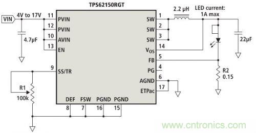 電位計R1實(shí)現(xiàn)的模擬亮度調(diào)節(jié)LED驅(qū)動器