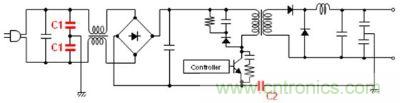 車載充電器電源電路例 (C1: AC線路濾波器用Y電容器、C2: 初級-次級耦合用電容器) 