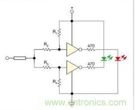 在雙門構(gòu)成的CMOS/TTL兼容探頭中，R1至R4電阻網(wǎng)絡(luò)對反相器輸入端做偏置