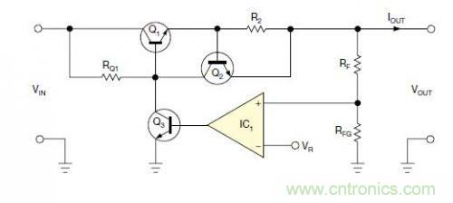 圖1：一個(gè)標(biāo)準(zhǔn)的線性穩(wěn)壓器直接將反饋連接到串聯(lián)導(dǎo)通晶體管上。