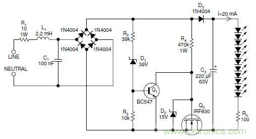 圖2：斬波工作類似圖1中的電路，但以較大的LED串聯(lián)電阻代替了恒流源，提供限流功能