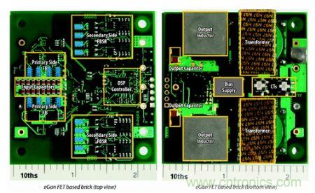 圖6：采用eGaN FET設(shè)計(jì)的48V至53V半磚PSE轉(zhuǎn)換器的頂視圖和底視圖(單位為英寸)。