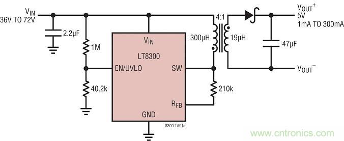 圖 1：具主端輸出電壓檢測的 LT8300 反激式轉(zhuǎn)換器