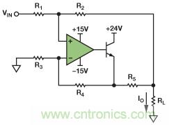 圖1. 改進(jìn)型Howland電流源驅(qū)動(dòng)接地負(fù)載。