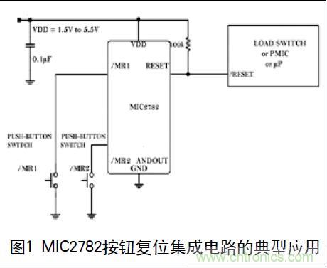 圖1 MIC2782按鈕復(fù)位集成電路的典型應(yīng)用