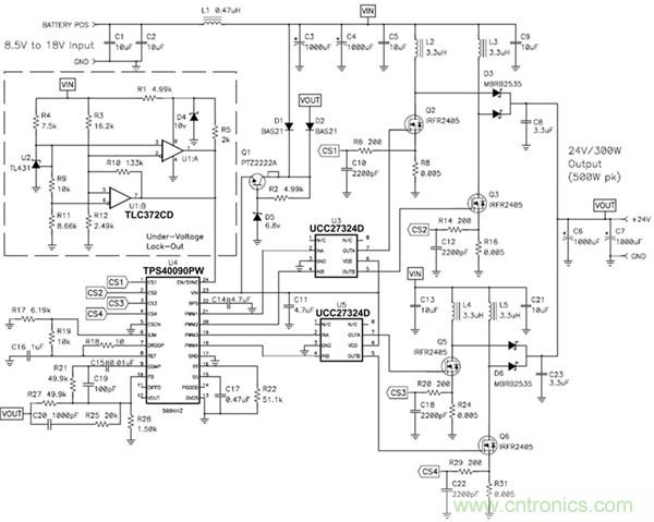 TPS40090 多相降壓控制器的 4 相、300W 升壓電源