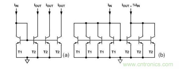 （a） 多級電流鏡 （b） 非整數(shù)比例電流鏡可將3個T2集電極結(jié)合起來，得到3IIN