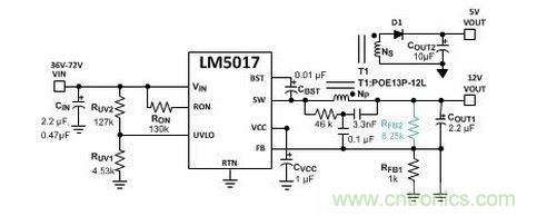 基于 LM5017 的 Fly-Buck 轉(zhuǎn)換器電路，沒有基于光耦合器的穩(wěn)壓電路