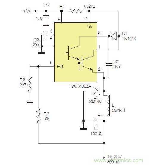 采用降壓配置中廣為使用的MC33063/MC34063的一個示例。