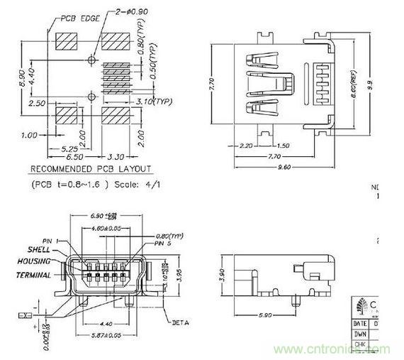 USB Mini-B型插座貼片