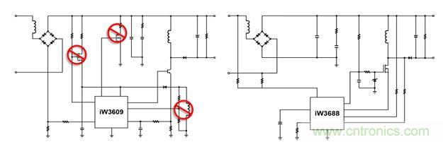 相比前代產(chǎn)品iW3609（左），iW3688（右）采用專利數(shù)字算法，完全消除了外部泄放電路、外部VCC電路和啟動(dòng)電路