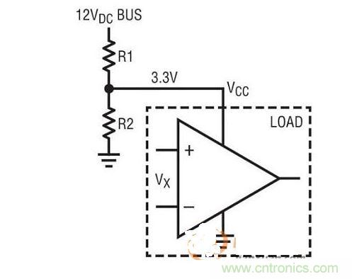 電阻分壓器采用12V總線輸入產(chǎn)生3.3VDC