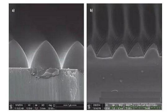 圖案化藍(lán)寶石基板通過(guò)光致抗蝕劑掩膜在電感耦合等離子體干法反應(yīng)性腐蝕保持良好剛性結(jié)構(gòu)（如圖a）,然而，如果光致抗蝕劑掩膜的剛性結(jié)構(gòu)在抗蝕過(guò)程中沒(méi)有得到保持，那么結(jié)果會(huì)很差（如圖b）