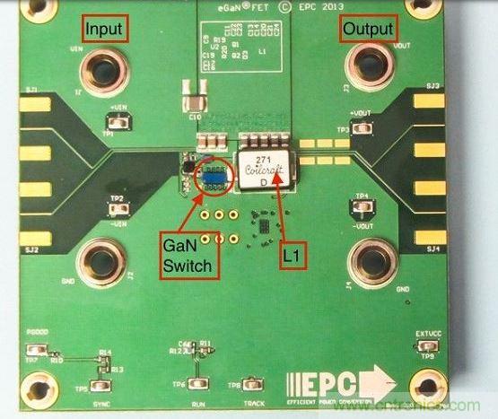 演示板用于顯示GaN的EMI。該GaN組件被圈定，我會(huì)在L1左側(cè)測(cè)量切換的波形。