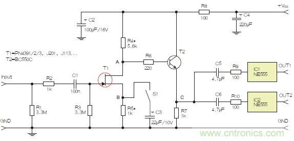 圖3：采用兩個工作在不同頻率下的555定時器電路，以獲取不同的音效。