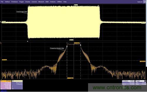 面的時(shí)域圖顯示了脈沖調(diào)制的射頻載波，下方的頻域圖顯示了在997MHz和1002MHz之間均勻分布的載頻
