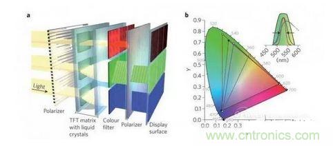  LCD顯示器示意圖。TFT表示薄膜晶體管（thin-film transistor）。