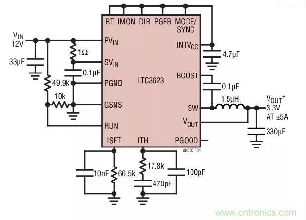 高效率、15V 軌至軌輸出同步降壓型穩(wěn)壓器能提供或吸收 5A