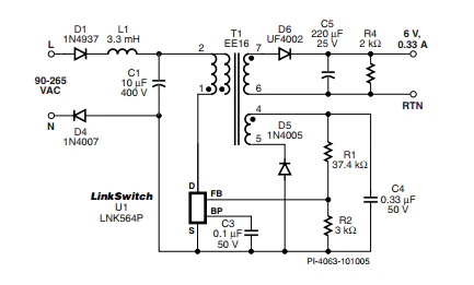 LinkSwitch-LP 系列旨在取代手機/無繩電話、PDA、數(shù)碼相機和便攜式音頻播放器等應(yīng)用中輸出功率 < 2.5 W 的低效線頻線性變壓器電源。LinkSwitch-LP 還可用作白色家電等應(yīng)用中的輔助電源。  LinkSwitch-LP 將高壓功率 MOSFET 開關(guān)與 ON/OFF 控制器集成在一個設(shè)備中。它完全由漏極引腳自供電，具有低 EMI 的抖動開關(guān)頻率，并且具有全面的故障保護。自動重啟可限制過載和輸出短路條件下的器件和電路耗散，而遲滯過溫保護會在熱故障期間禁用內(nèi)部 MOSFET。EcoSmart 技術(shù)使設(shè)計能夠輕松實現(xiàn) < 150 mW 的空載功耗，滿足能源效率要求。  LinkSwitch-LP 的設(shè)計目的是在輸出功率低于 2.5 W 時無需初級側(cè)鉗位電路，從而顯著減少組件數(shù)量和總系統(tǒng)成本。圖 1 顯示了基于 LinkSwitch-LP 的 2 W 電源，不帶初級側(cè)鉗位。LinkSwitch-LP 系列經(jīng)過優(yōu)化，當(dāng)變壓器上的輔助或偏置繞組提供反饋時，可提供近似的 CV/CC 輸出特性。這非常適合取代工頻變壓器的應(yīng)用，提供兼容的輸出特性，但過載、短路電流和輸入線電壓變化較小。  　  在無鉗位設(shè)計中使用 LinkSwitch-LP 的基本電路原理圖。  快速開始  　 LinkSwitch-LP 反激式設(shè)計流程圖